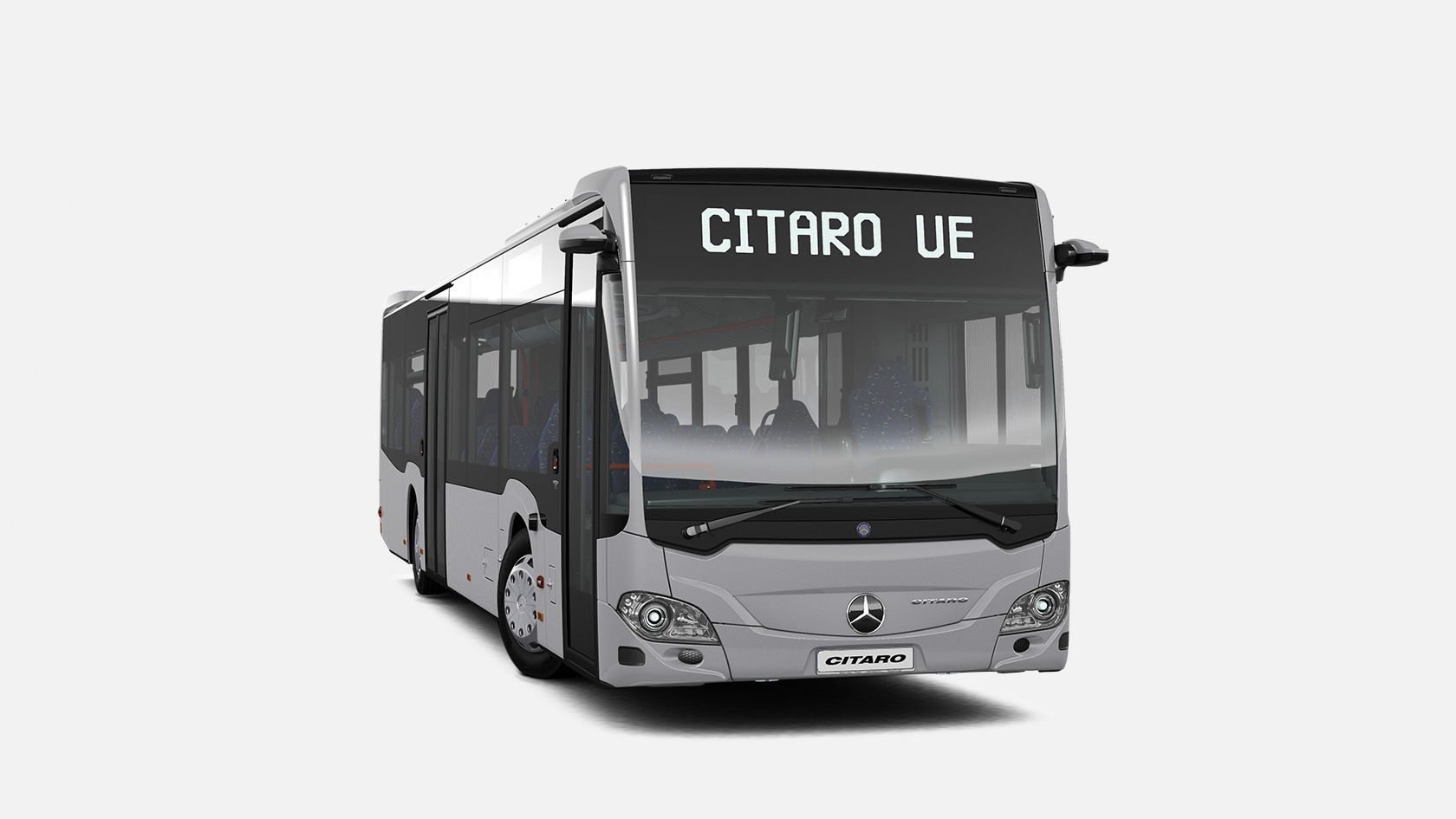 Graphic: Mercedes-Benz Citaro Ü city bus in three-quarter front view, silver-coloured, with front display “CITARO Ü”