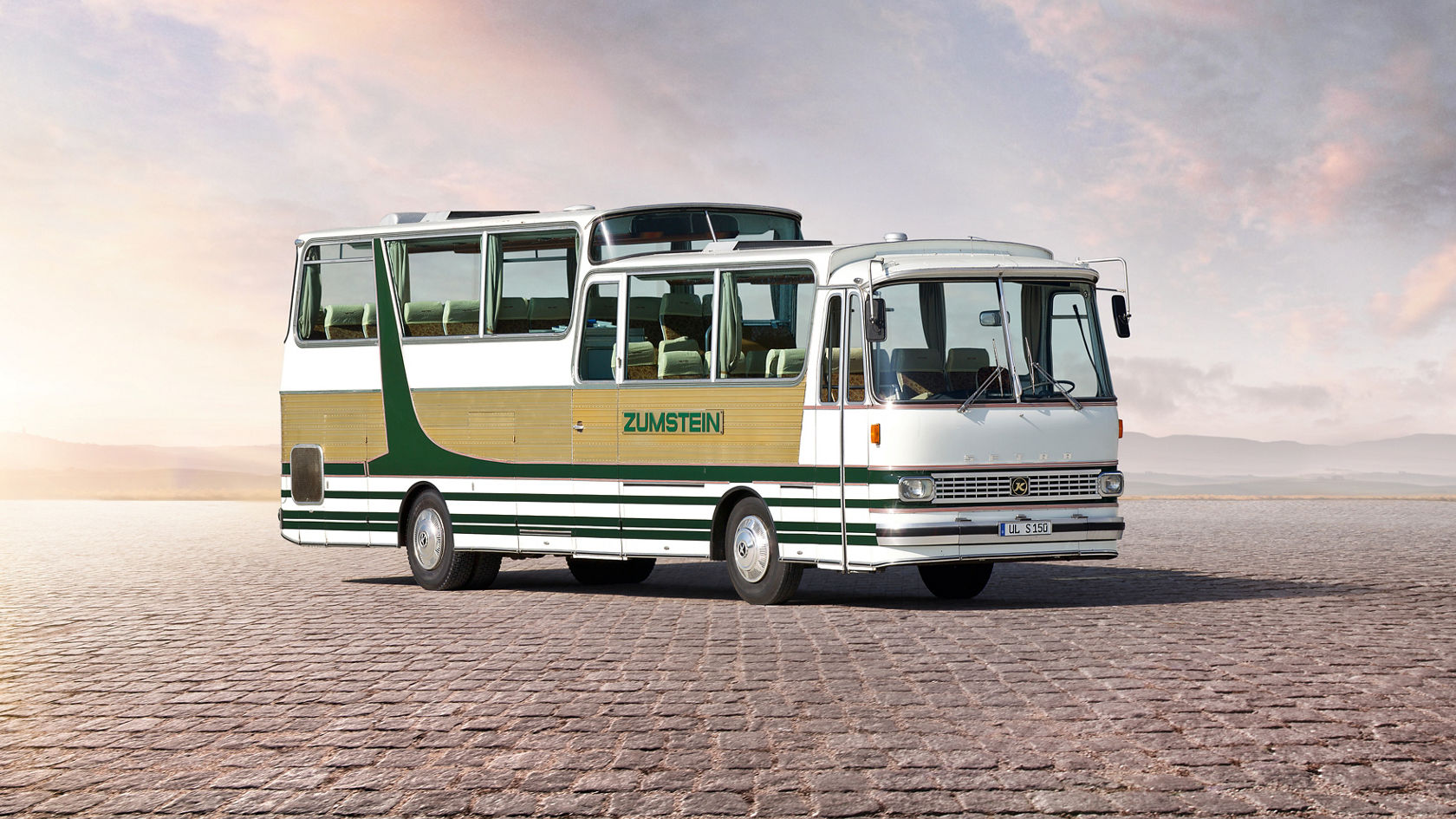 Historic Setra touring coach with high roof in white, green and beige, side view on an open area in front of the sky