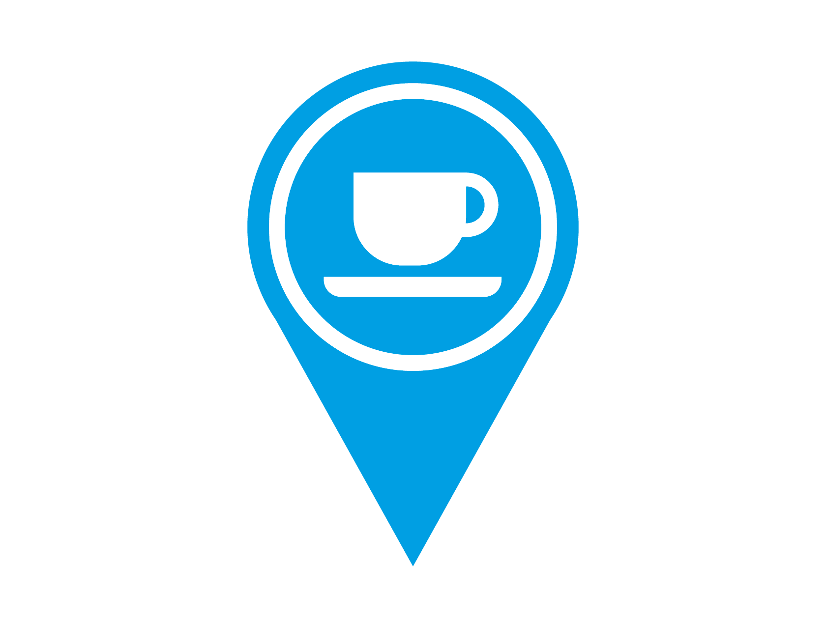 Blue location pin with white coffee cup as symbol in the pin