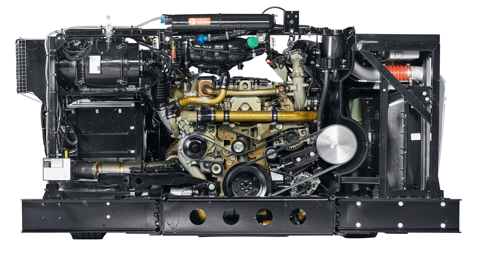 Side view of Mercedes-Benz bus drive module with diesel engine, belt drive, turbocharger and cooling unit in the frame