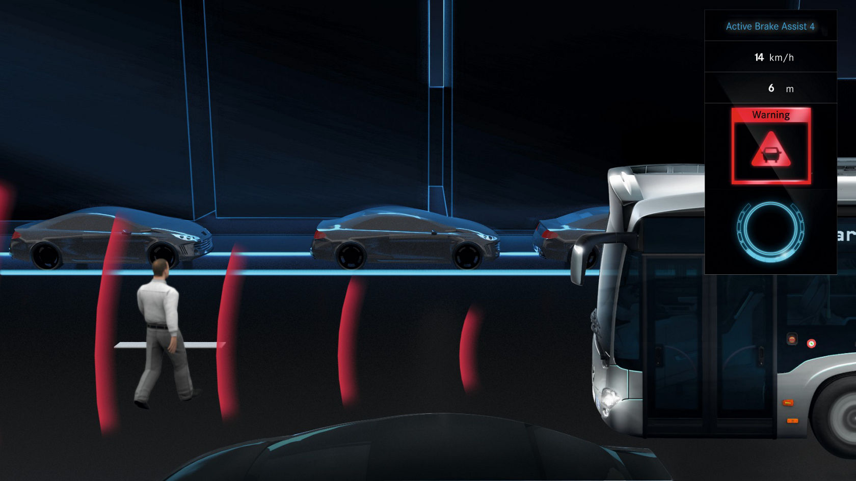 Illustration: Bus with sensor fields detects pedestrians and vehicles, warning symbol shows collision warning at 14 km/h