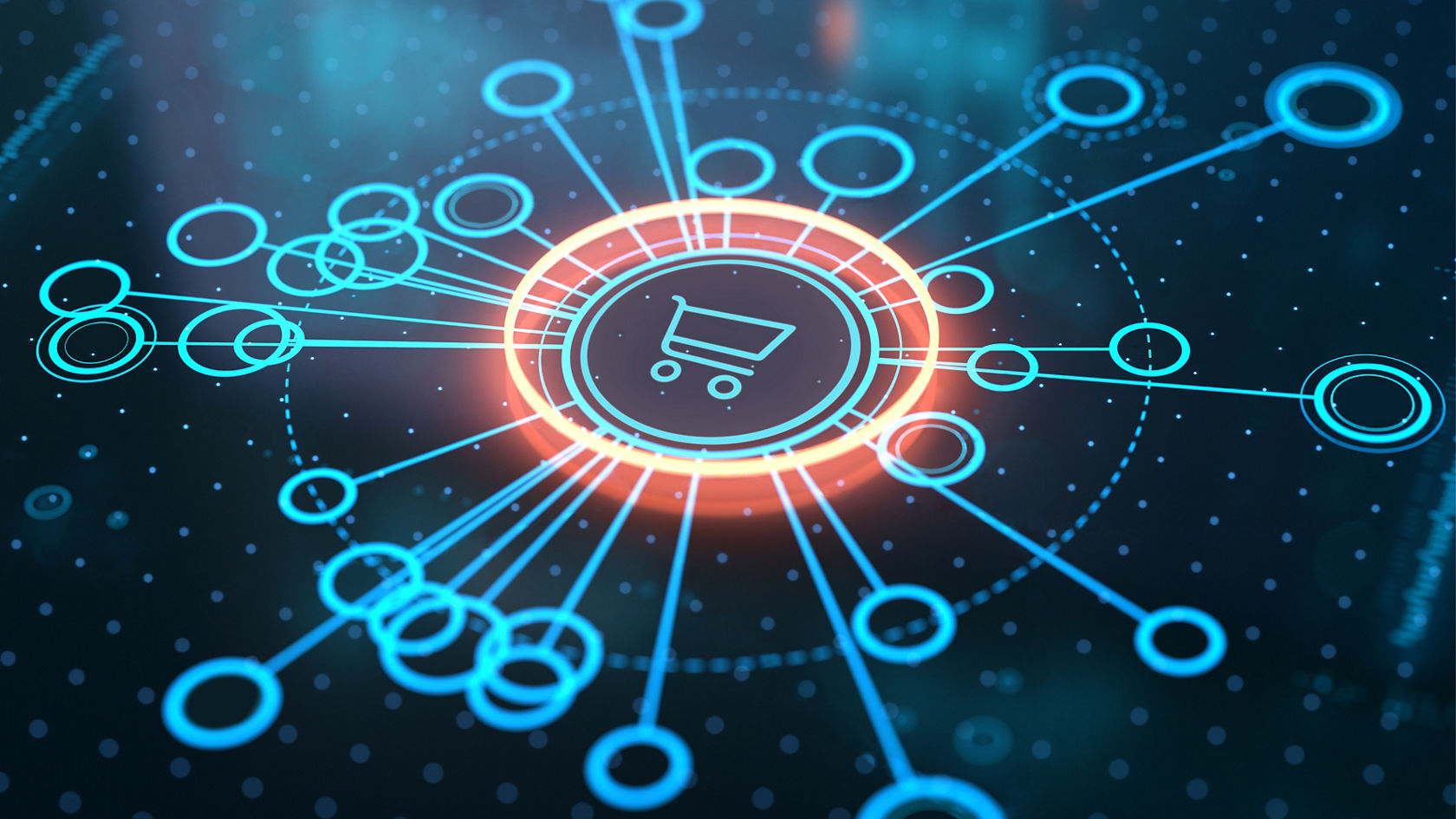Digital visualisation of a networked system with central shopping cart icon and surrounding connecting elements.