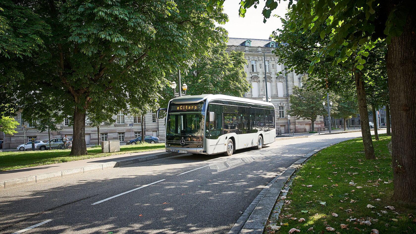 Mercedes-Benz eCitaro Stadtbus auf einer von Bäumen gesäumten Stadtstraße vor historischem Verwaltungsgebäude