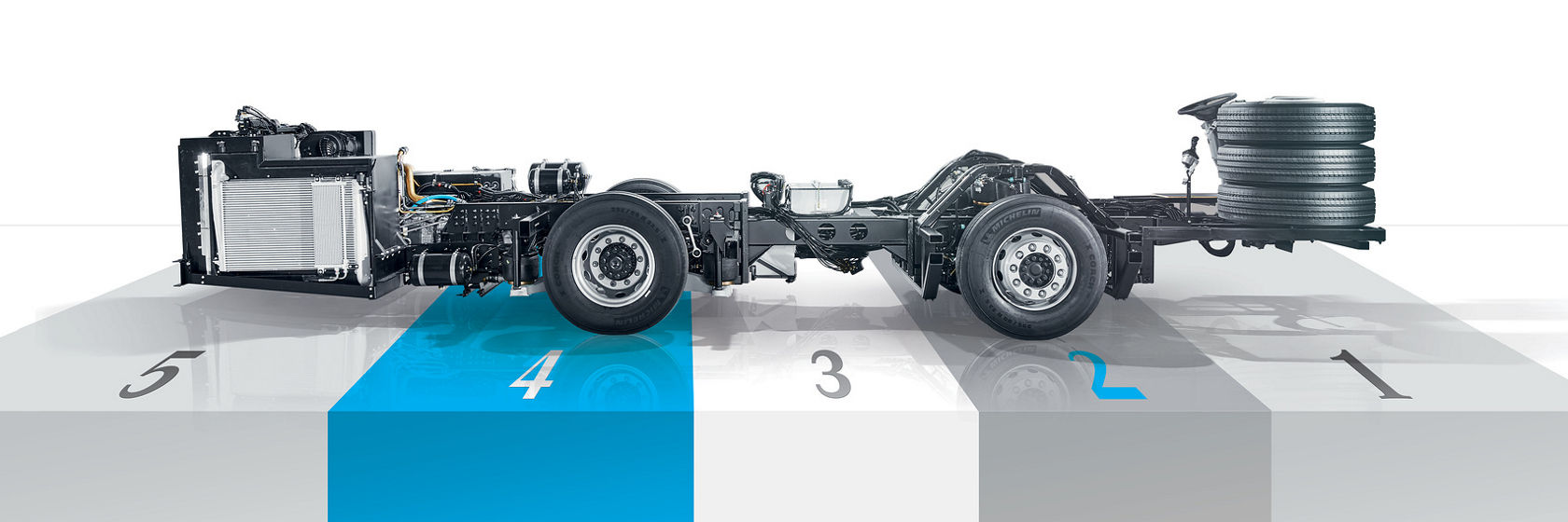 Mercedes-Benz OC 500 LE bus chassis in profile on numbered platforms, blue marked section under the front axle
