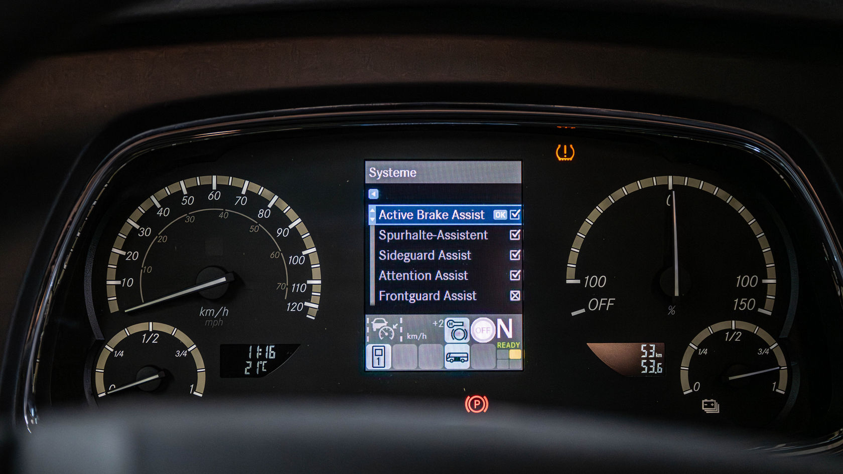 Mercedes‑Benz instrument cluster with “Systems” display shows Active Brake Assist as well as Lane Keeping Assist, Sideguard Assist and Attention Assist
