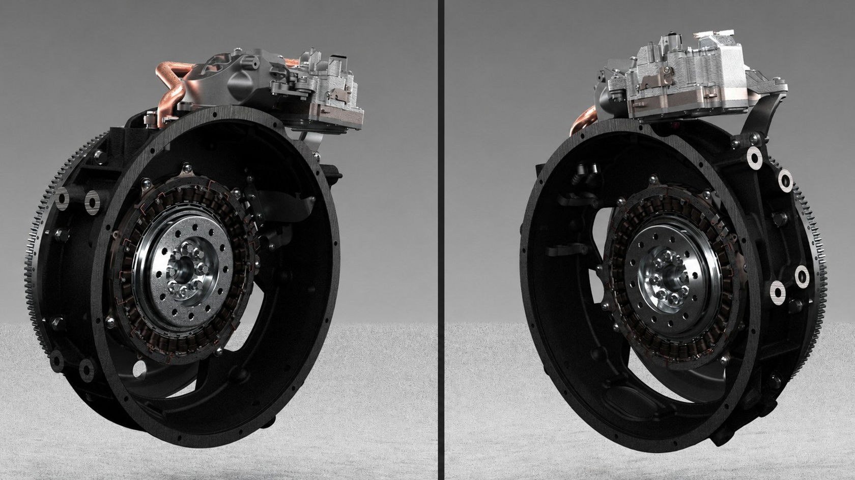 Illustration of a 48-volt hybrid drive as electrical support. The two modules show housing, copper wires and visible rotor