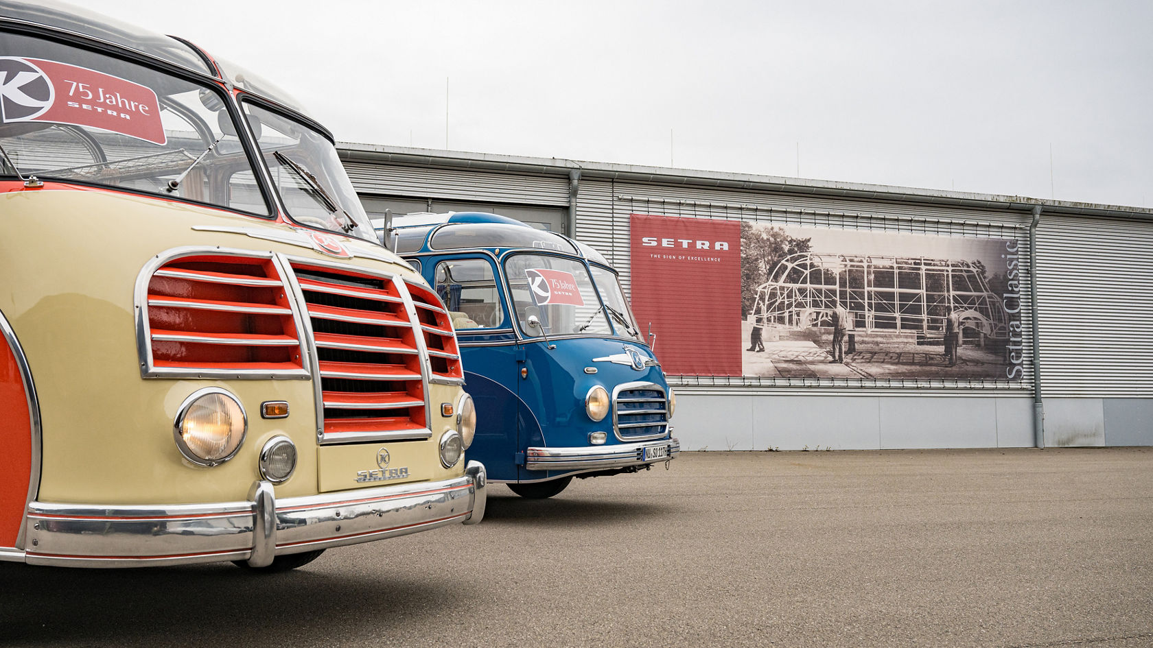 Twee historische Setra bussen voor de hal van Kässbohrer met wandmotief, jubileumplaatjes '75 jaar Setra' op de voorruiten