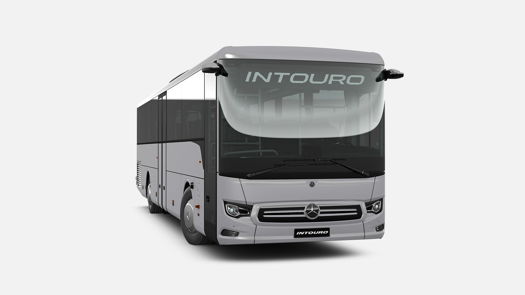 Graphic: Mercedes-Benz Intouro inter-city bus in three-quarter front view, silver-coloured, with front display “INTOURO”