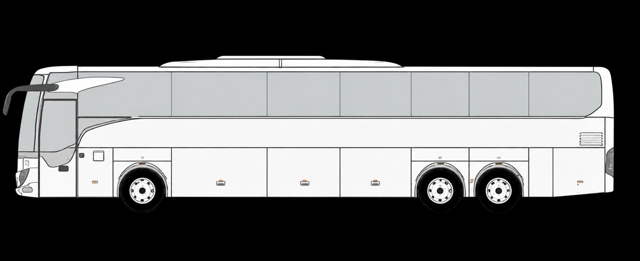 Graphic of a Mercedes-Benz Tourismo L touring coach from the side, silver design with three axles.