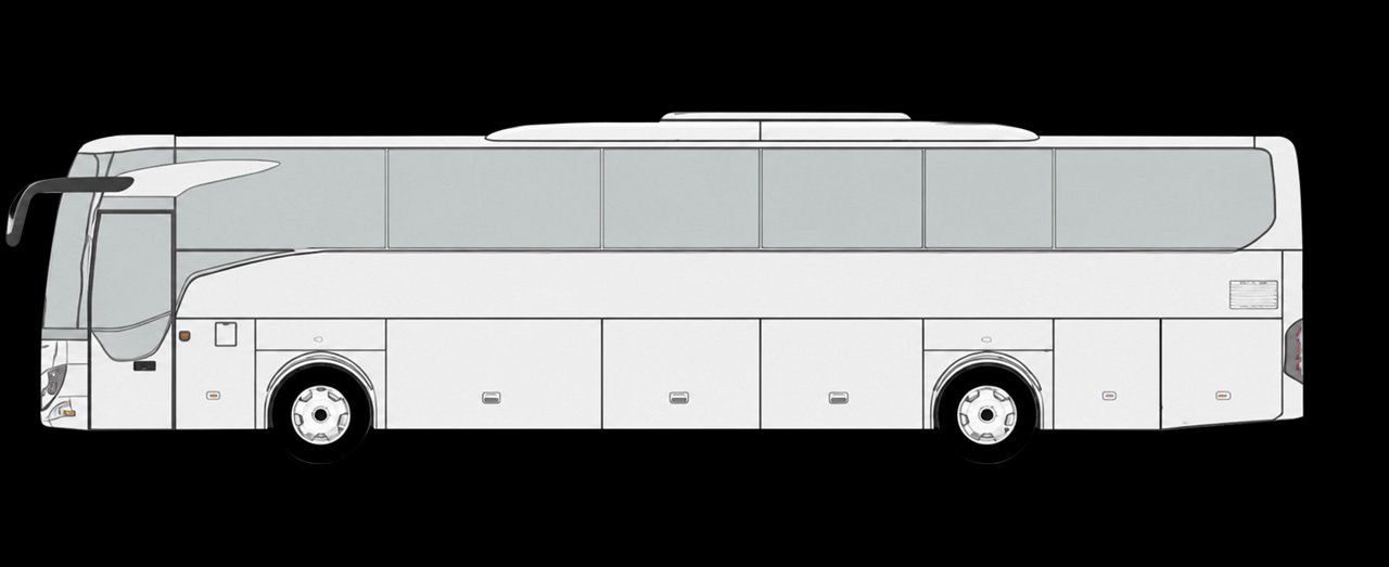 Graphic of a Mercedes-Benz Tourismo M touring coach from the side, silver design with two axles.