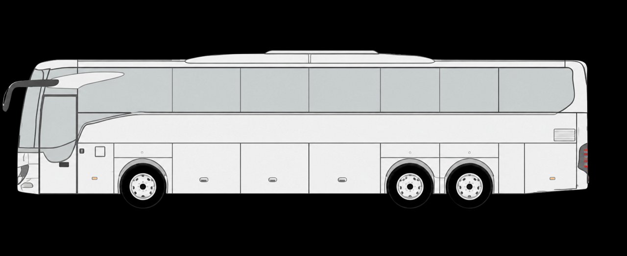 Graphic of a Mercedes-Benz Tourismo M touring coach from the side, silver design with three axles.