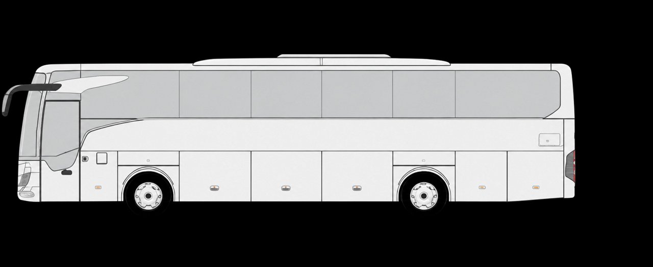 Graphic of a Mercedes-Benz Tourismo touring coach from the side, silver design with three axles.