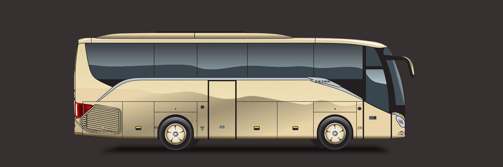 Gráfico de um autocarro de turismo Setra ComfortClass numa vista lateral, design amarelo-dourado com dois eixos.