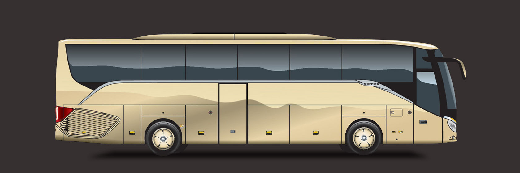 Gráfico de um autocarro de turismo Setra ComfortClass numa vista lateral, design amarelo-dourado com dois eixos.