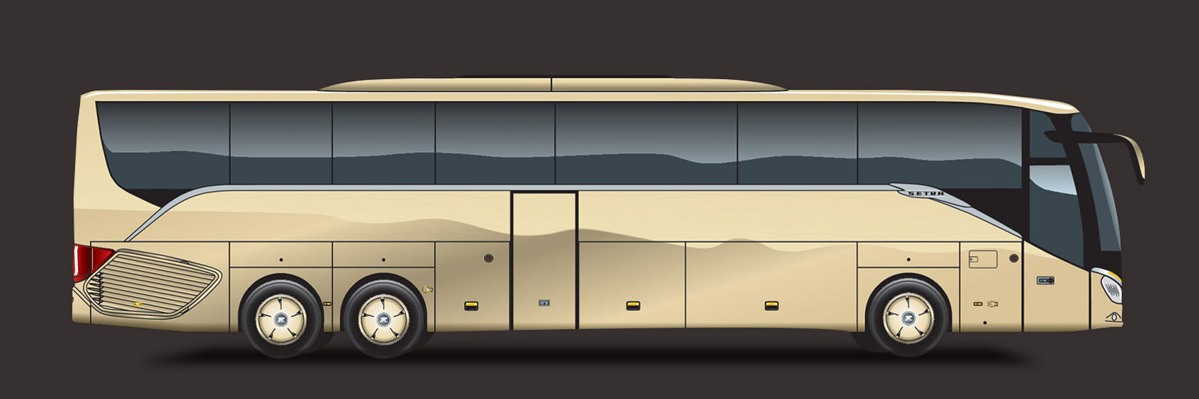 Gráfico de um autocarro de turismo Setra ComfortClass numa vista lateral, design amarelo-dourado.