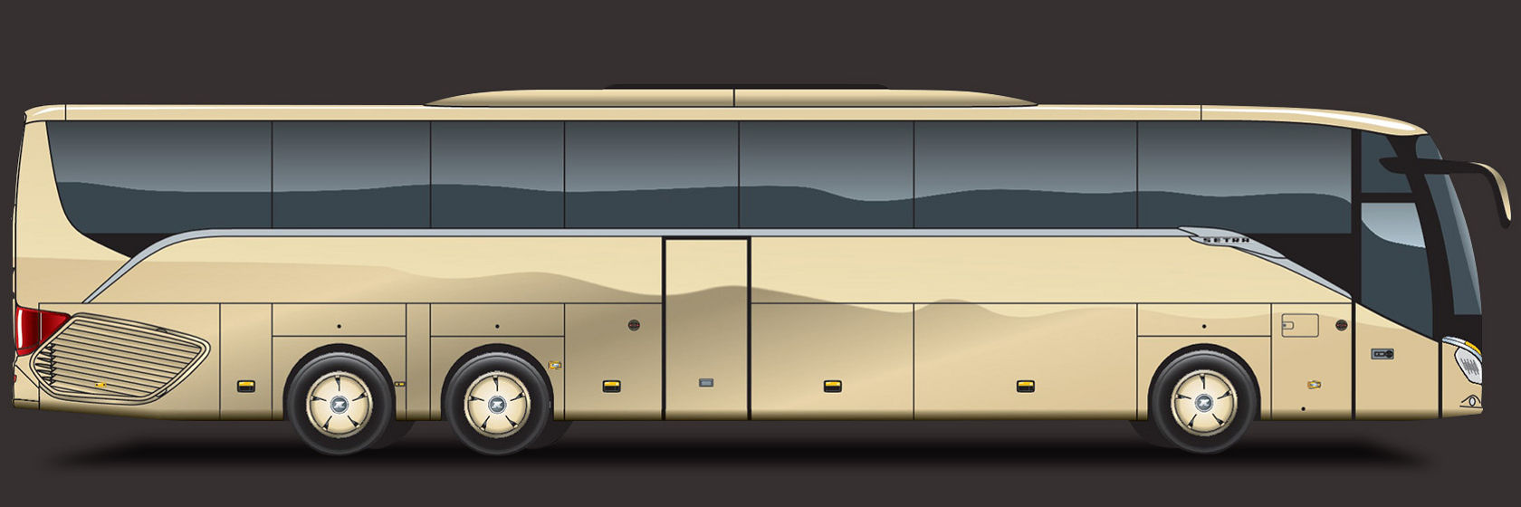 Gráfico de um autocarro de turismo Setra ComfortClass numa vista lateral, design amarelo-dourado.