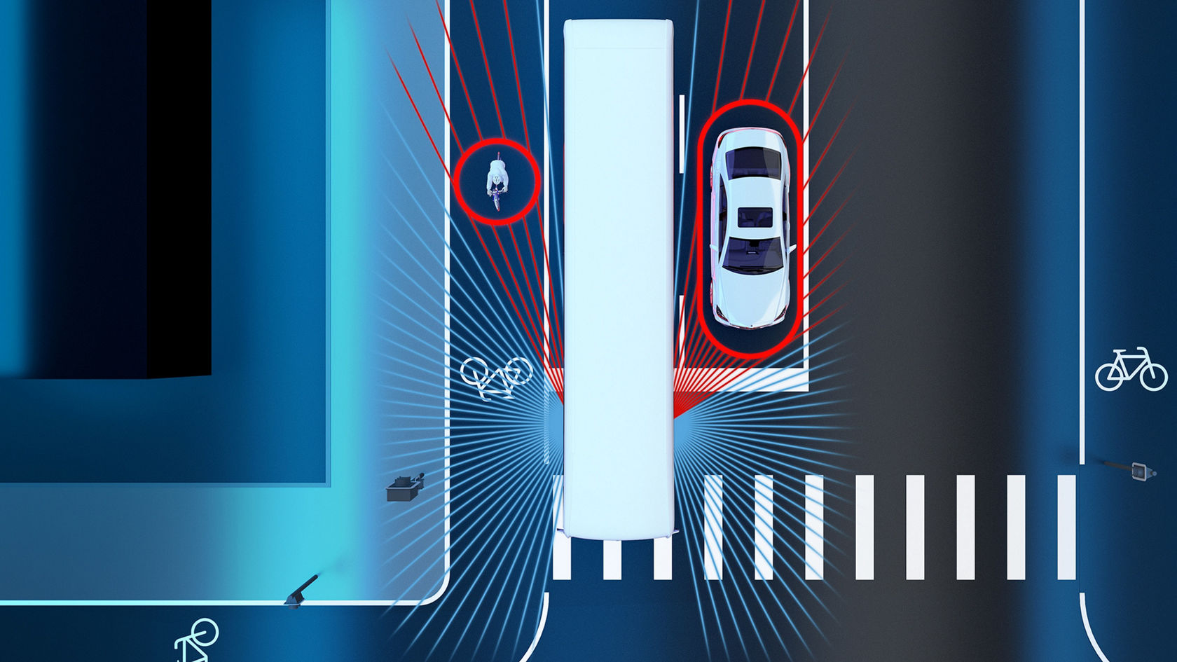 Representação gráfica de um sistema de assistência de autocarro para a deteção de veículos e ciclistas num cruzamento.