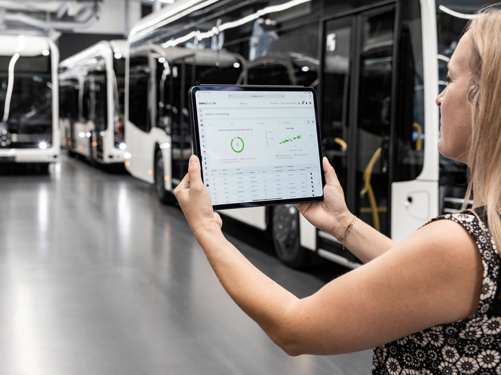 Monitorowanie akumulatora OMNIplus ON na tablecie w garażu autobusowym, w tle kilka autobusów miejskich Mercedes-Benz eCitaro