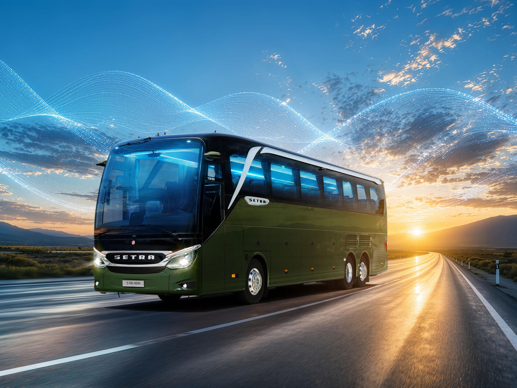 Setra TopClass touring coach on an open country road at sunset, surrounded by blue light waves