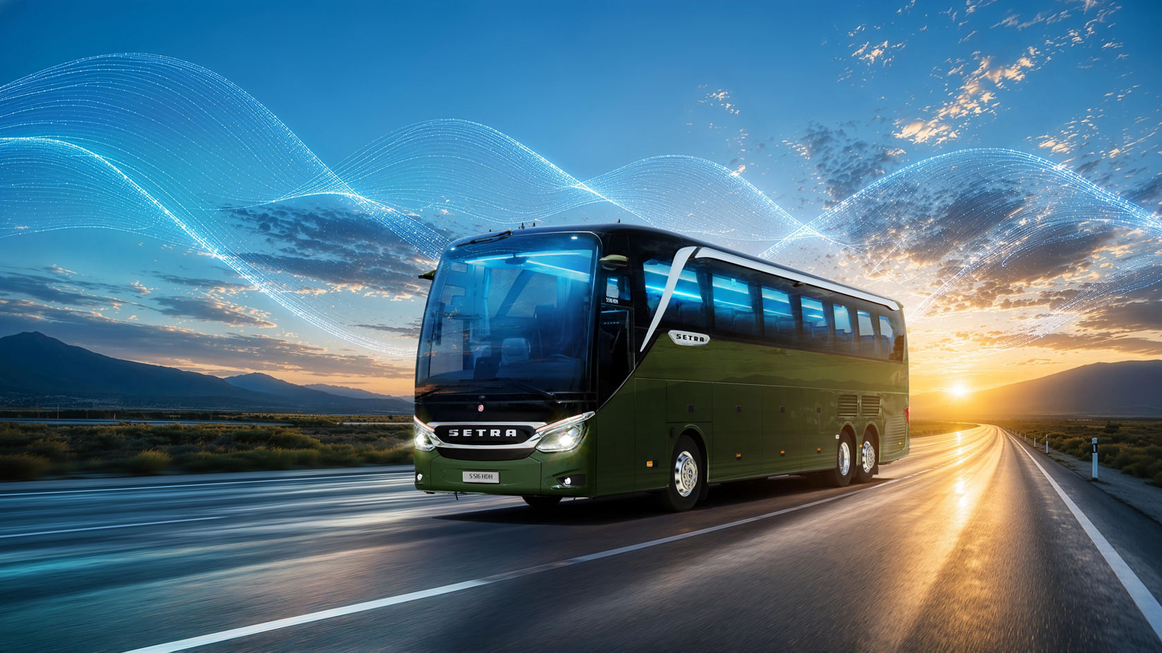 Autocarro de turismo Setra TopClass numa estrada secundária aberta ao pôr do sol, rodeado por ondas de luz azuis