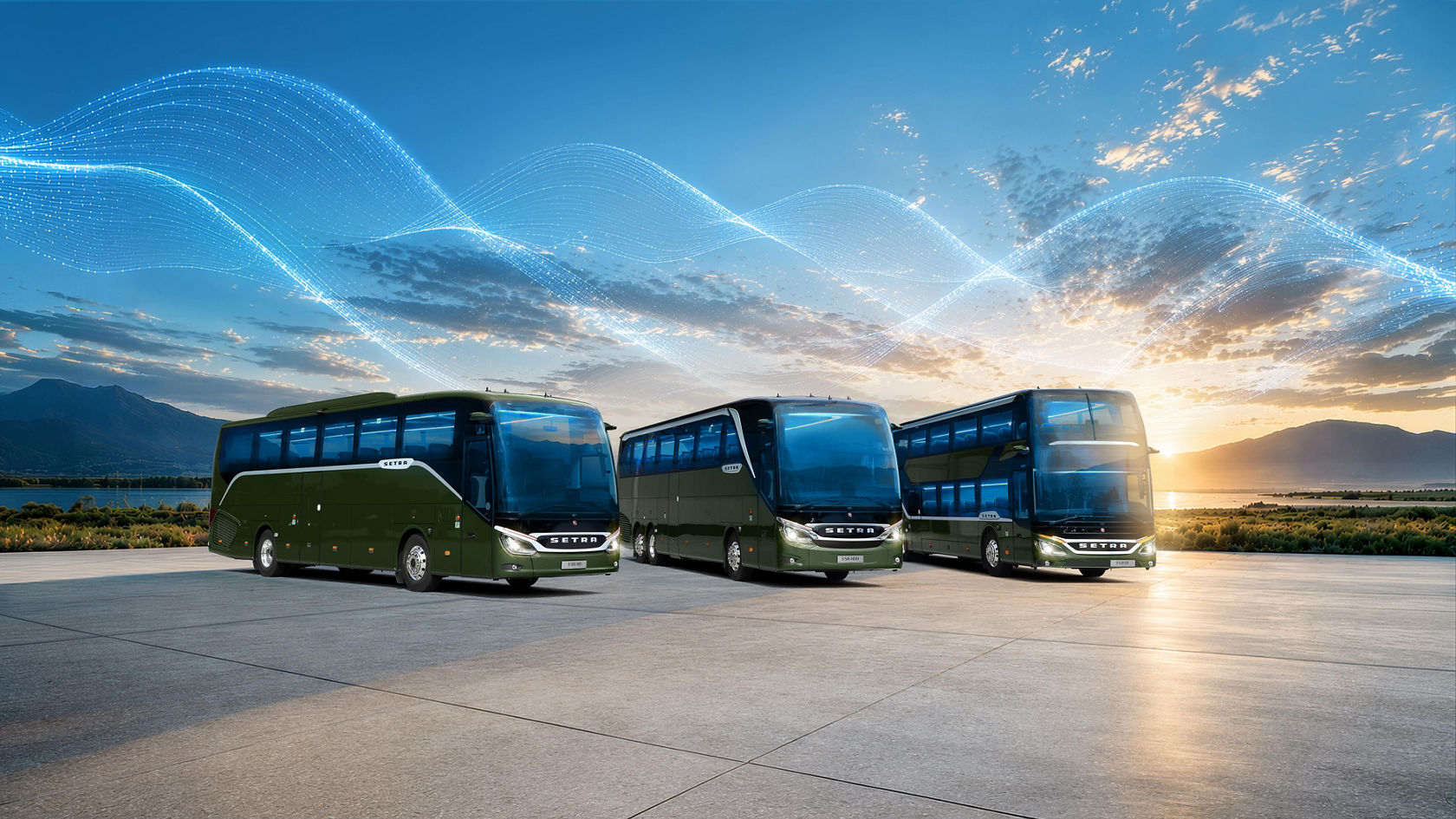 Setra Range motif with green Setra models of the ComfortClass, TopClass 500 and the double-decker S 531 DT touring coach on an open area at sunset, above digital wave lines in the sky