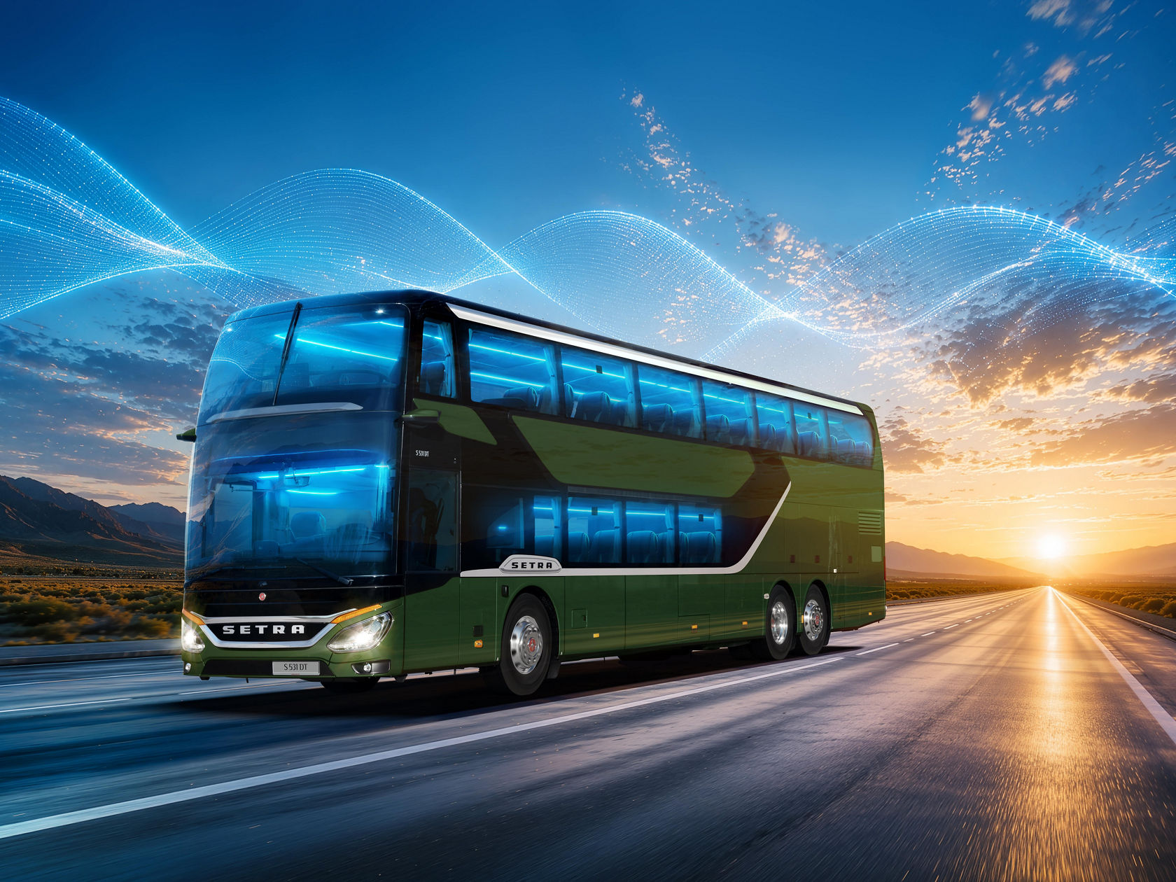 Setra double-decker touring coach driving on a road at sunset, with blue light waves as a symbol of modern technology