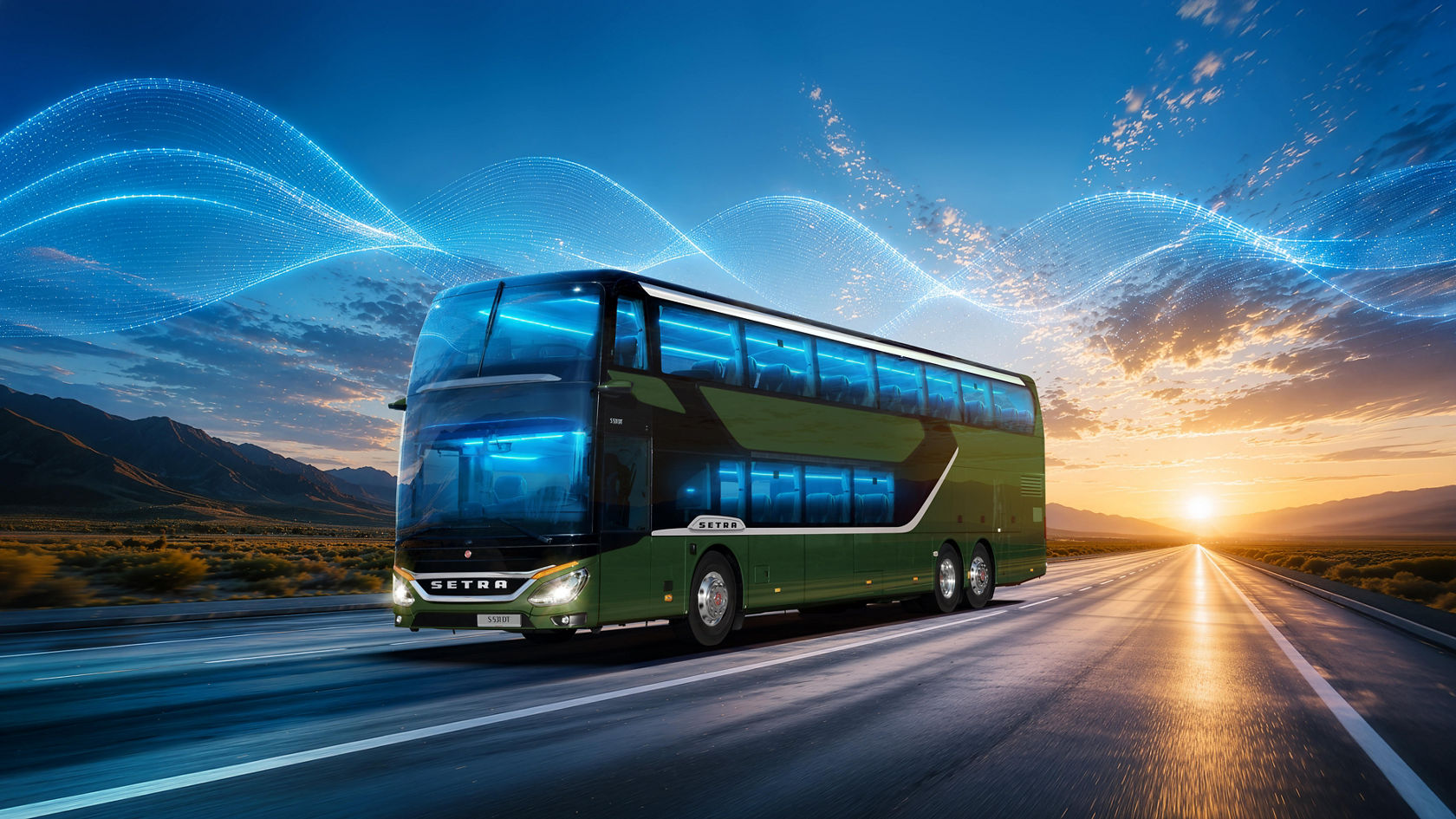 Autocarro de dois andares Setra a circular numa estrada ao pôr do sol, com ondas de luz azuis como símbolo da tecnologia moderna