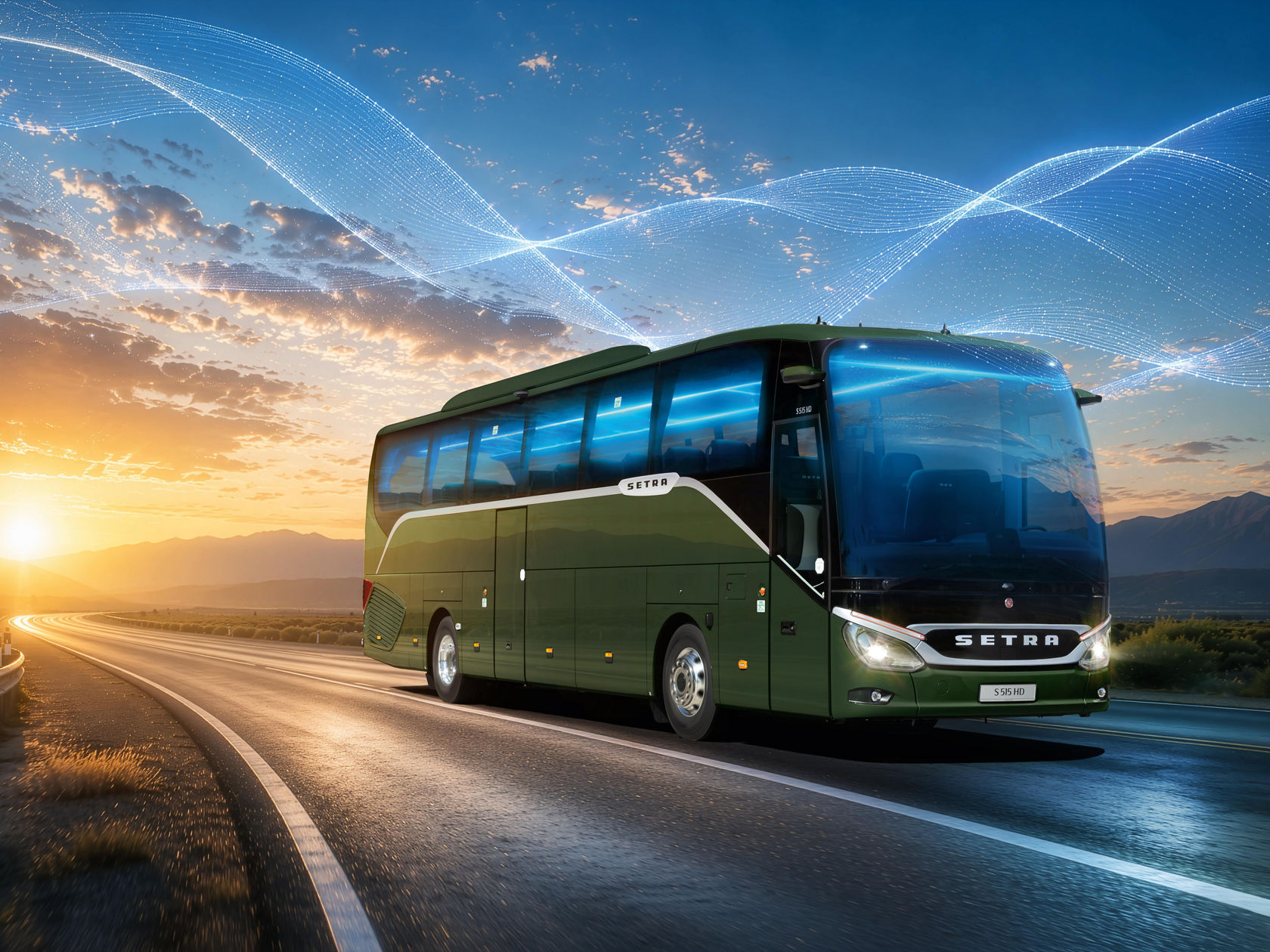 Setra ComfortClass touring coach on an open country road at sunset, surrounded by blue light waves 