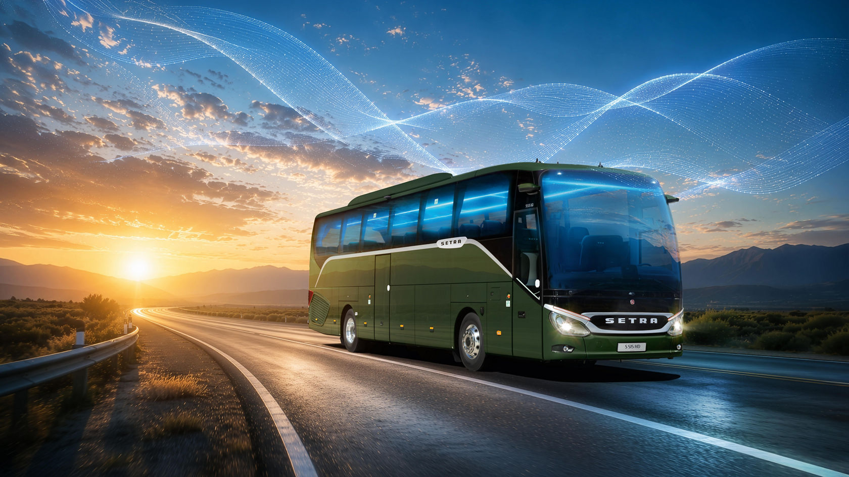 Autocarro de turismo Setra ComfortClass numa estrada secundária aberta ao pôr do sol, rodeado por ondas de luz azuis 