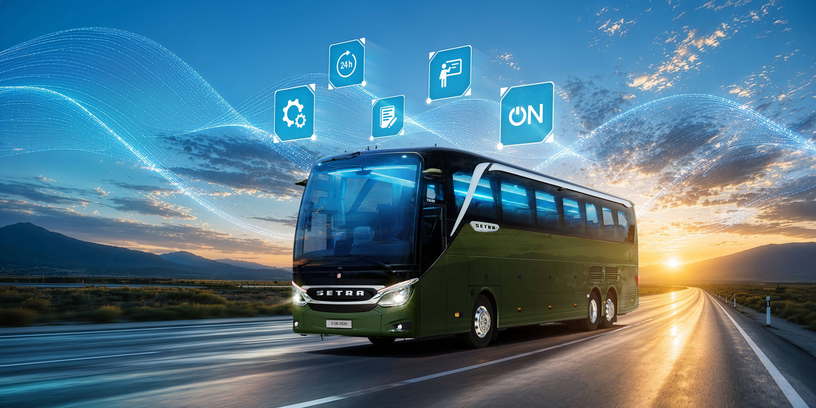 L'autobus da turismo verde Setra TopClass viaggia al crepuscolo su una strada extraurbana, sopra simboli di servizi digitali e connettività