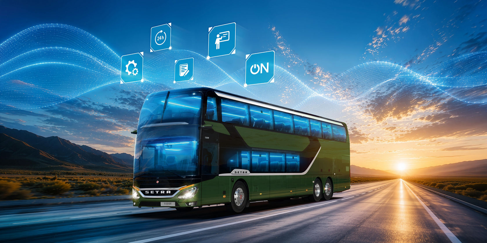 Setra S 531 Doppelstock-Reisebus fährt bei Dämmerung auf Landstraße, darüber Symbole für Konnektivität, Wartung und digitale Services