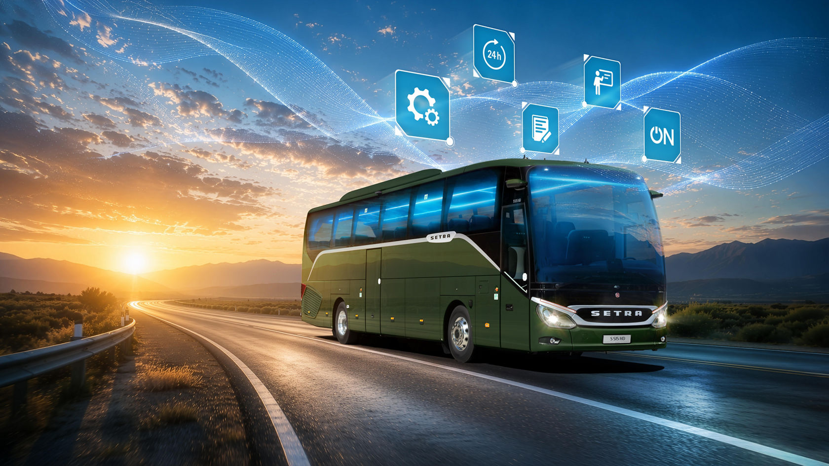 Green Setra ComfortClass touring coach driving on a country road at dusk, above symbols for maintenance, digital services and connectivity