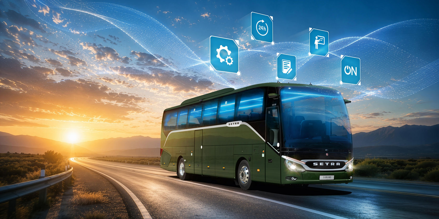 Autocarro de turismo Setra ComfortClass verde a circular numa estrada secundária ao entardecer, com símbolos de manutenção, serviços digitais e conectividade por cima