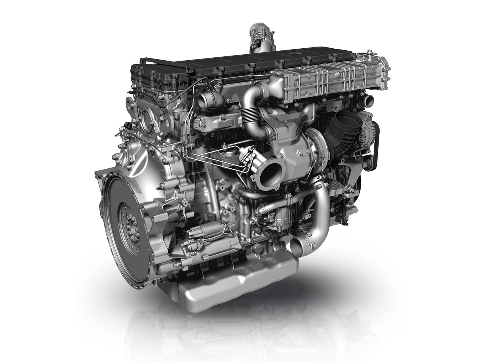 Grafik: Detailansicht eines Daimler Buses Dieselmotors mit Turbolader und Abgasführung
