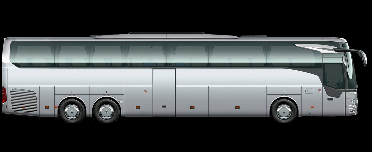 Grafik eines Mercedes‑Benz Tourismo L Reisebusses in Seitenansicht, silbernes Design mit drei Achsen.