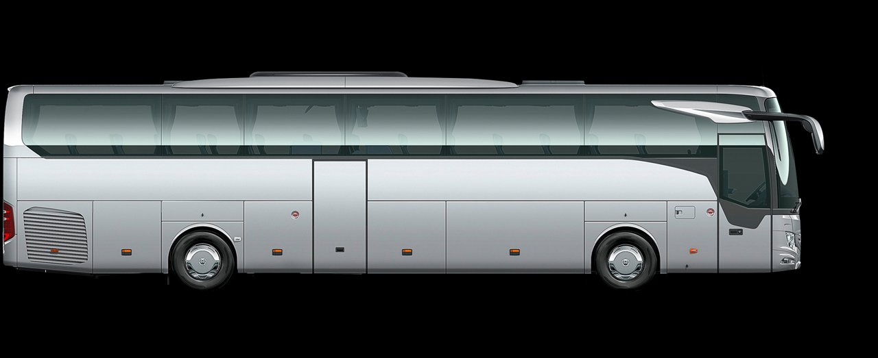 Grafik eines Mercedes‑Benz Tourismo M Reisebusses in Seitenansicht, silbernes Design mit zwei Achsen.
