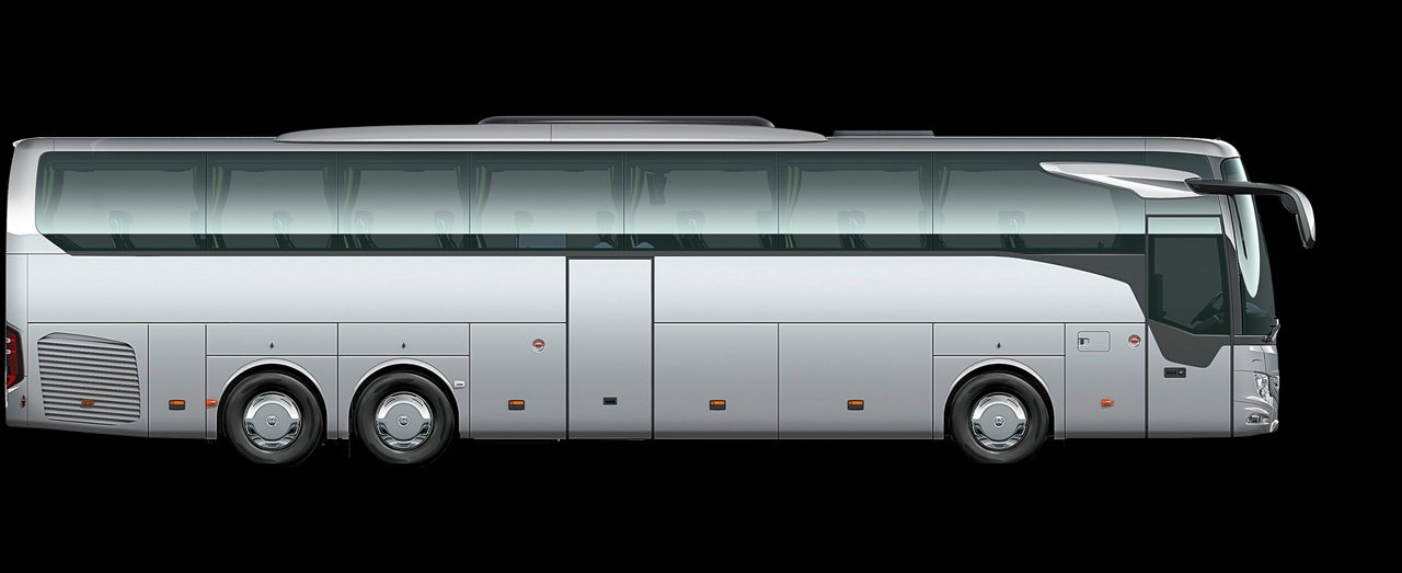Grafik eines Mercedes‑Benz Tourismo M Reisebusses in Seitenansicht, silbernes Design mit drei Achsen.
