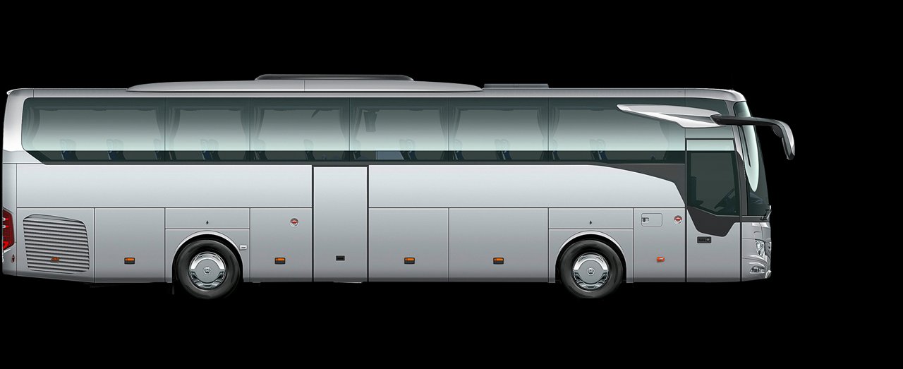 Grafik eines Mercedes‑Benz Tourismo Reisebusses in Seitenansicht, silbernes Design mit drei Achsen.