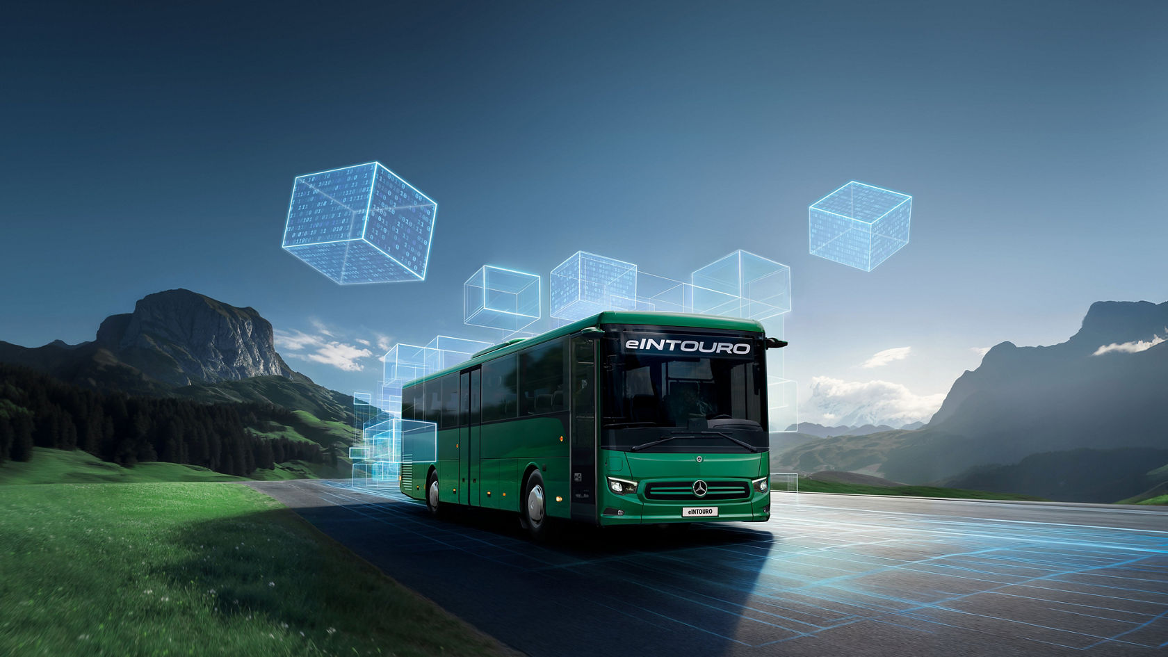 Mercedes-Benz eIntouro on a road surrounded by mountains and meadows, above abstract digital data cubes.