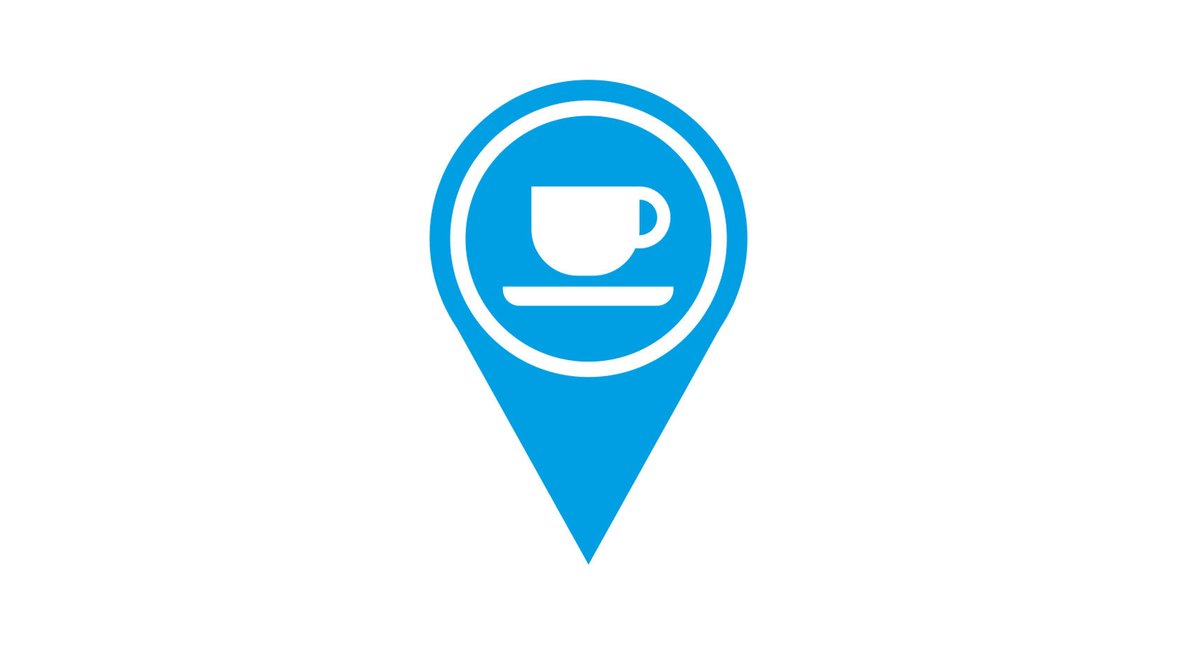 Blauer Standort-Pin mit weißer Kaffeetasse als Symbol im Pin