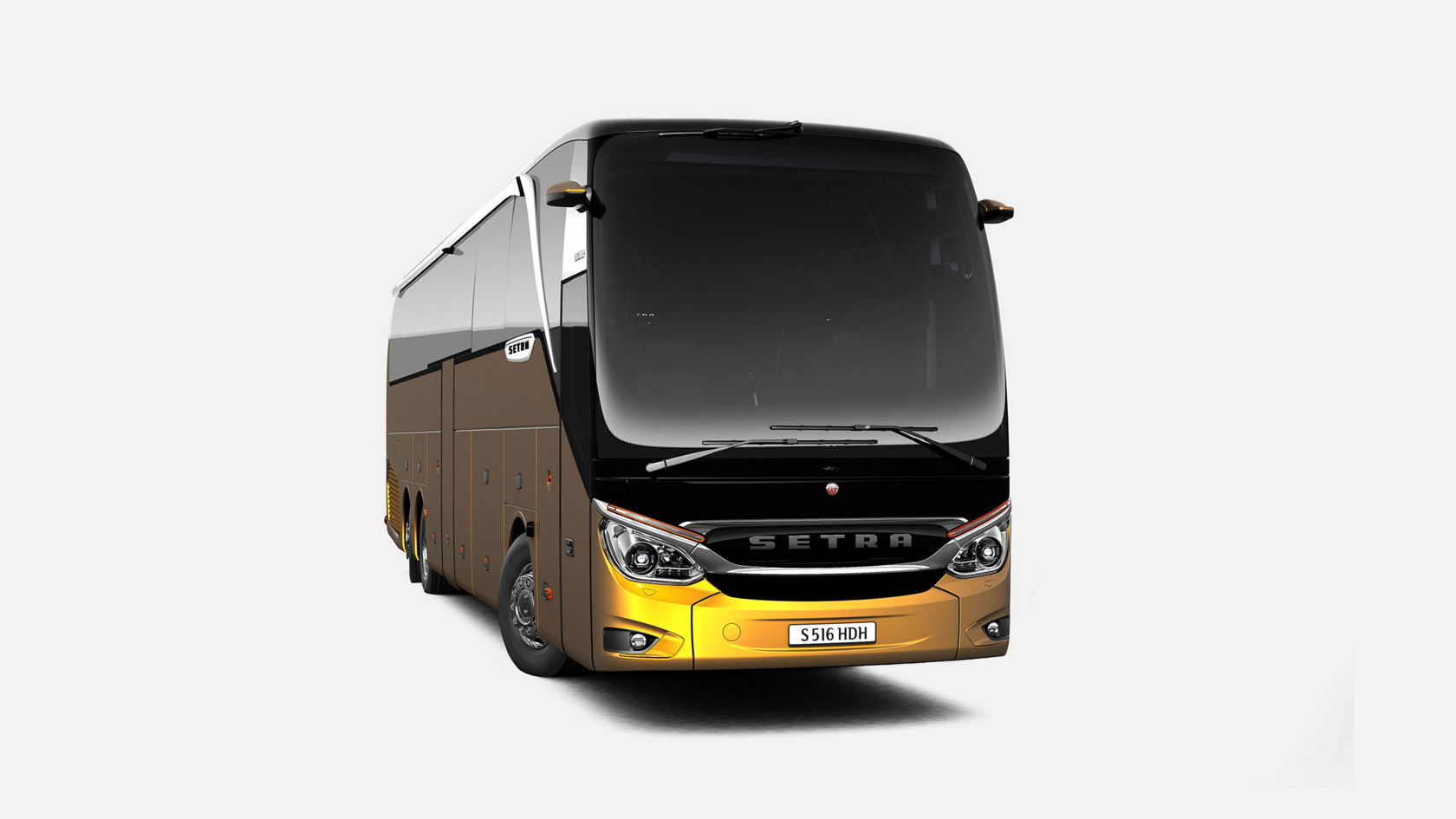 Vue avant d’un autocar de tourisme Setra TopClass HDH en jaune-or
