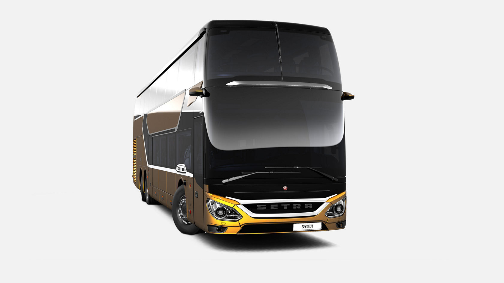 Autocar de tourisme à deux étages Setra jaune-or, vue de trois quarts avant
